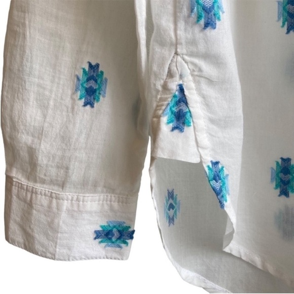 LOFT Ann Taylor Lightweight White Long Sleeve Shirt w/ Blue embroidered Pattern - Picture 6 of 9